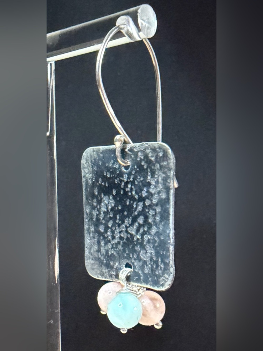 Sterling Silver Aquamarine and Rose Quartz Artisan Hand Crafted Dangle Earrings - Picture 3 of 9
